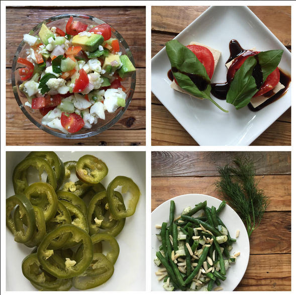 Caprese, ceviche, jalapenos, dilled green beans